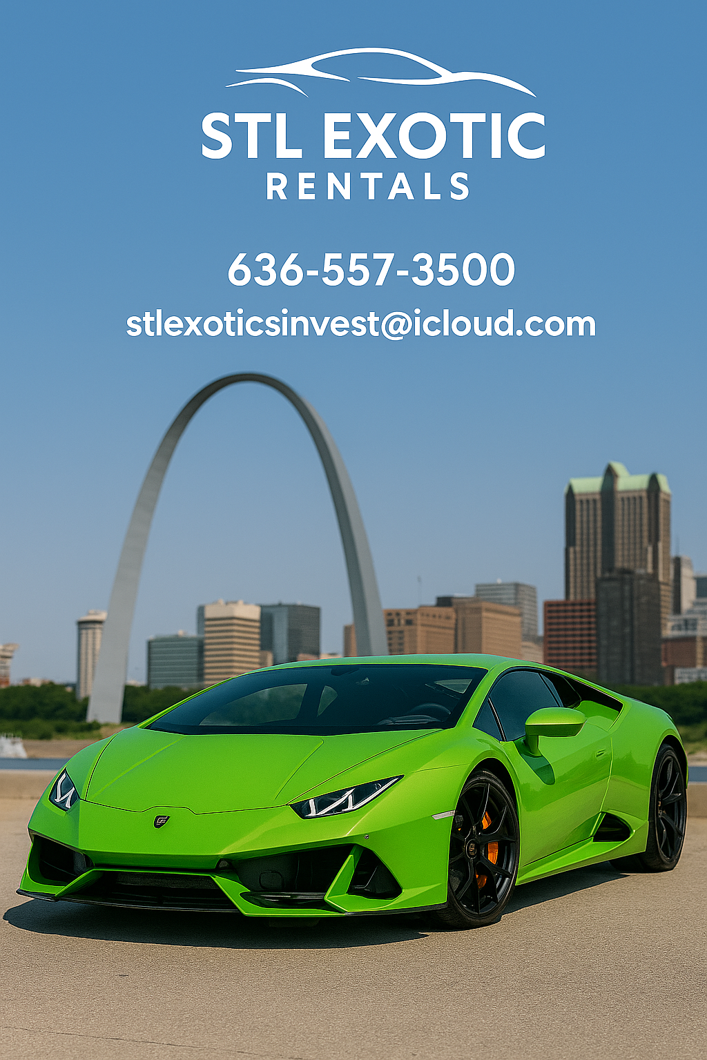 Green Lamborghini by the St. Louis Arch with STL Exotic Rentals contact info